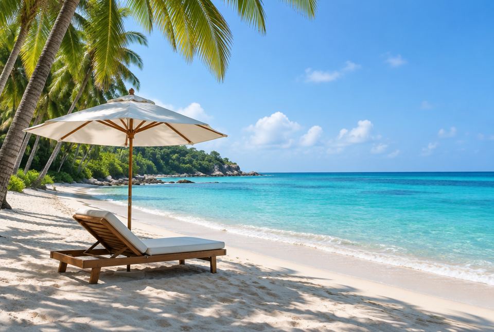 A sandy tropical beach with palm trees, turquoise water and an empty lounge chair under an umbrella.