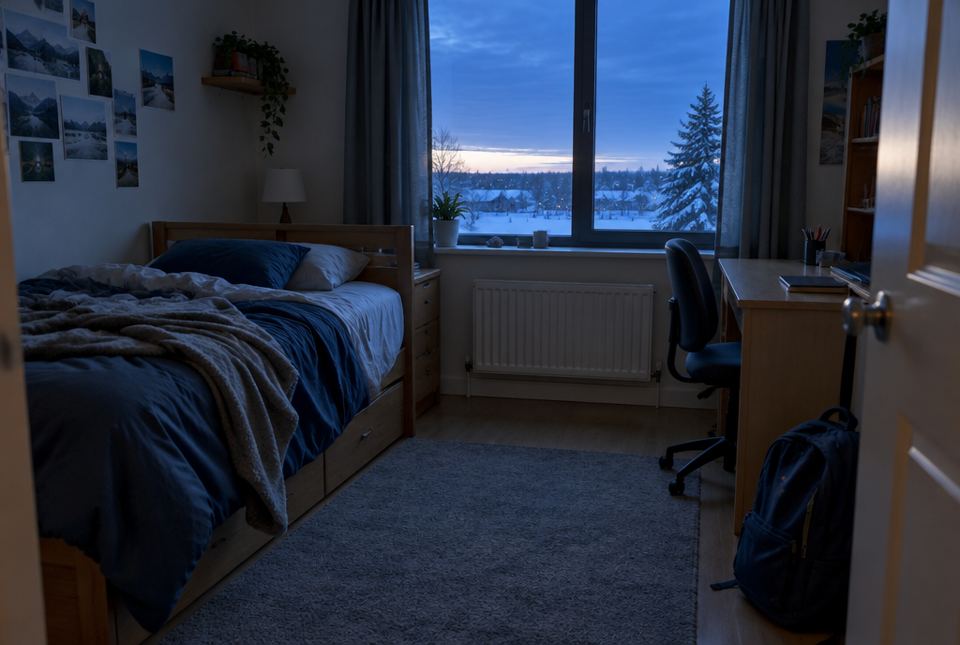 A dim bedroom at dawn on a winter morning, with an unmade bed, a backpack on the floor and snow outside the window.
