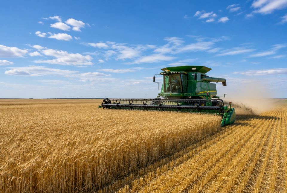 A combine harvester cutting golden wheat on a wide, flat prairie field.