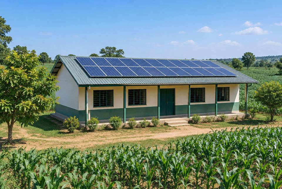 A small rural school building with solar panels on its roof, surrounded by green crop fields.