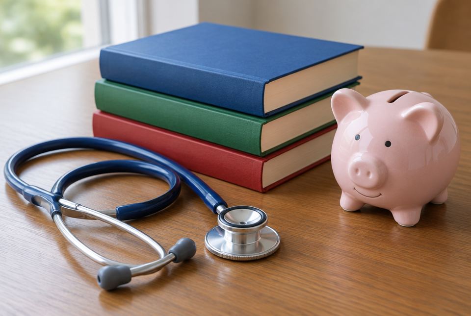 A stethoscope, a stack of books and a piggy bank on a wooden table.