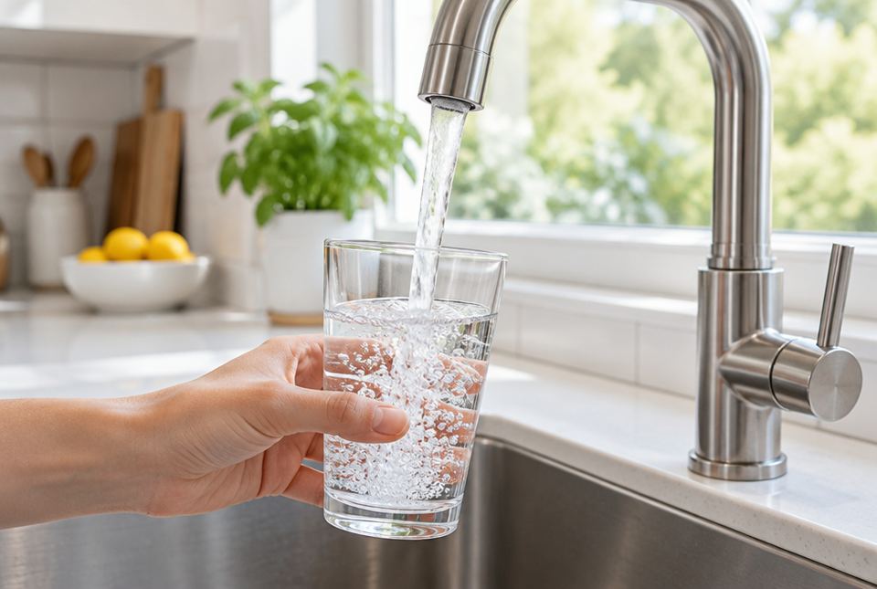 Clean water running from a kitchen tap into a glass.