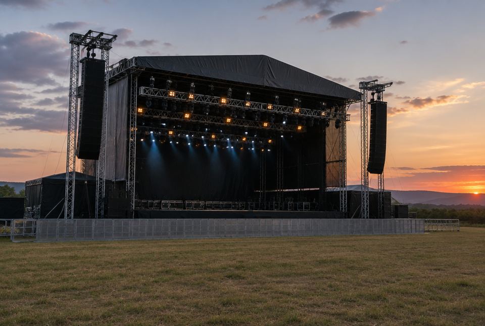 A large empty outdoor concert stage with lights and speaker towers in a field at sunset.