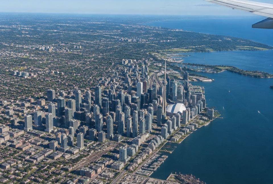 An aerial view of a crowded downtown of high-rise towers on the shore of a large lake, surrounded by low-rise neighbourhoods.