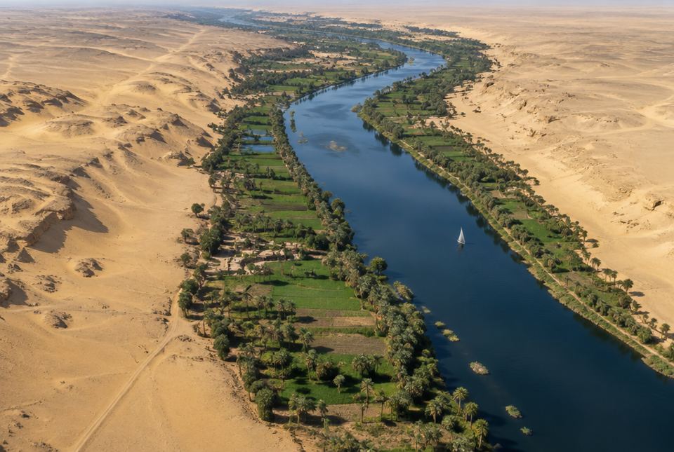 An aerial view of the Nile River with a narrow strip of green fields and palm trees along its banks, surrounded by sandy desert.