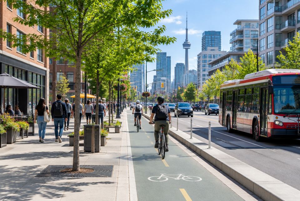 A downtown street with a protected green bike lane, a cyclist, a bus and people walking on a tree-lined sidewalk.