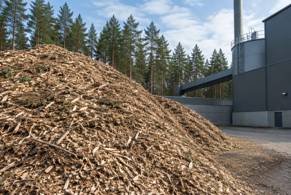 A large pile of wood chips beside a heating plant, with a pine forest in the background.