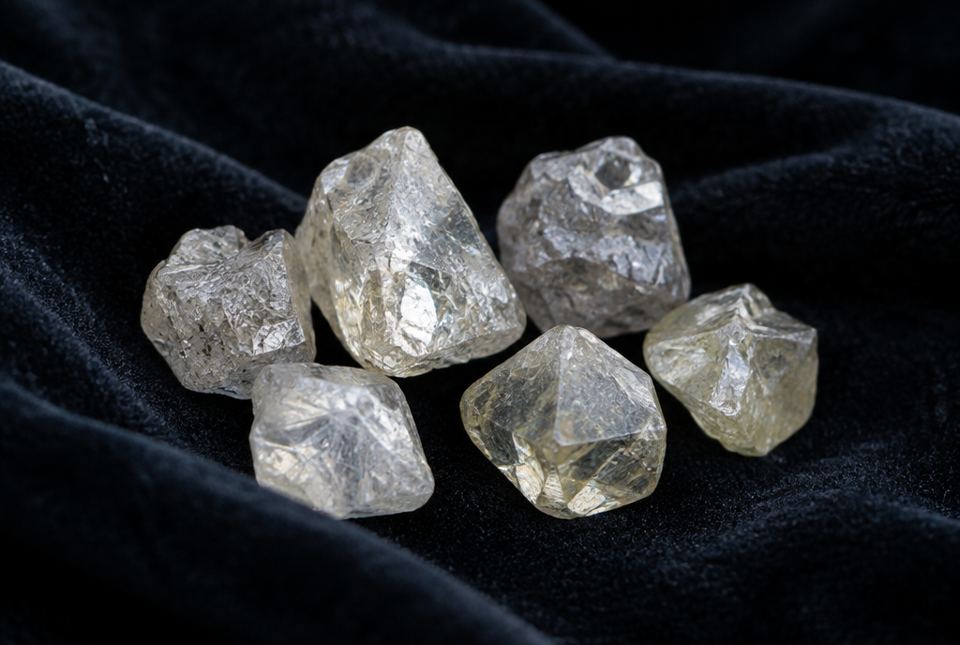 A group of rough, uncut diamonds on dark velvet.