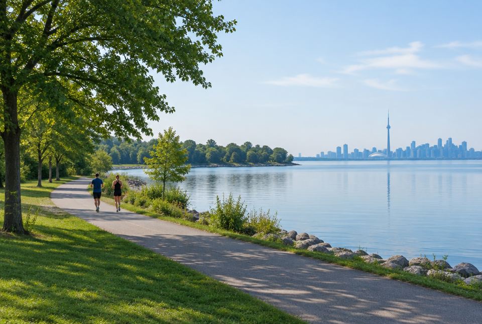 Two runners jogging side by side on a paved lakeside path in a green park, with a city skyline across the water.