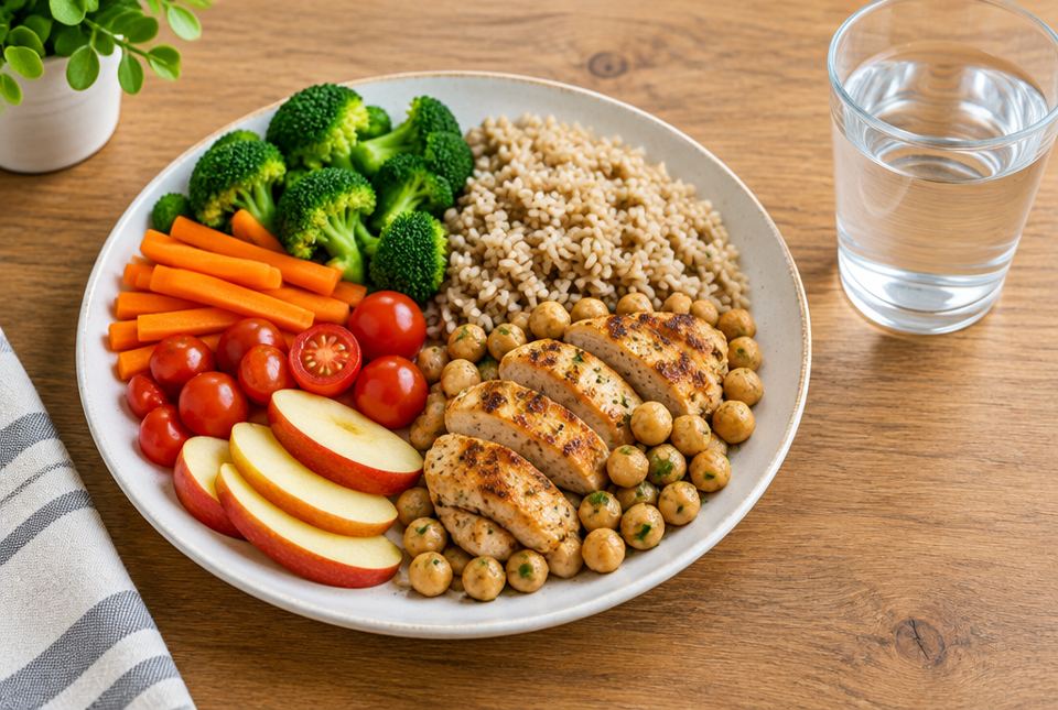 A plate with broccoli, carrot sticks, cherry tomatoes and apple slices on one half, brown rice on one quarter and grilled chicken with chickpeas on the other quarter, next to a glass of water.