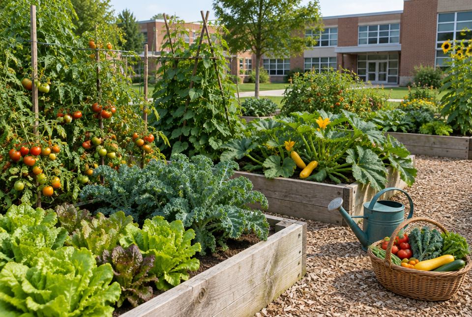 Wooden raised garden beds full of tomatoes, kale, lettuce and squash beside a brick school, with a watering can and a basket of fresh vegetables.