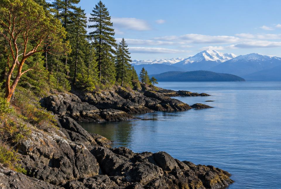 A rocky shoreline with tall evergreen and red-barked arbutus trees beside calm ocean water, with snow-capped mountains in the distance.