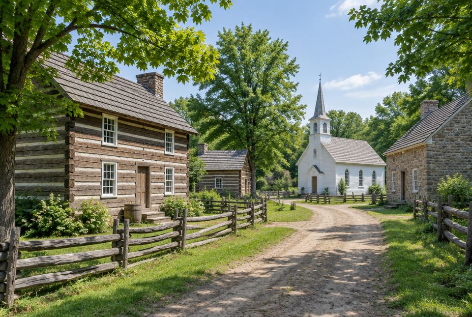 Squared-log houses, a stone house and a white wooden church with a steeple along a dirt road lined with split-rail fences at a heritage village.
