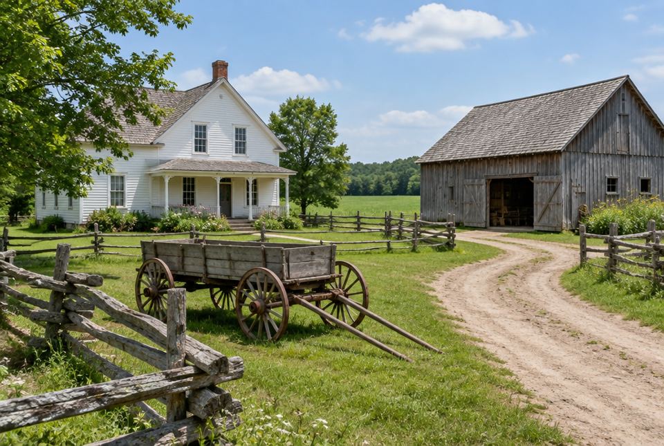 A white wooden farmhouse, a weathered grey barn, split-rail fences and an old wooden farm wagon on a dirt lane at a heritage village museum.