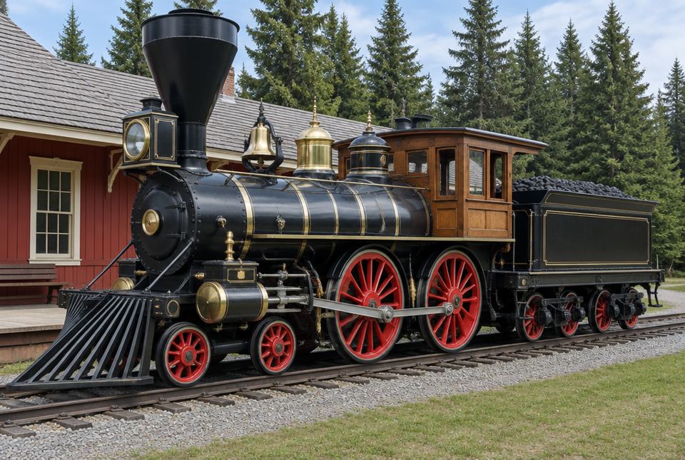 A restored 1800s steam locomotive with a tall funnel-shaped smokestack, red spoked wheels, a brass bell and a wooden cab, beside a red wooden station at a railway museum.