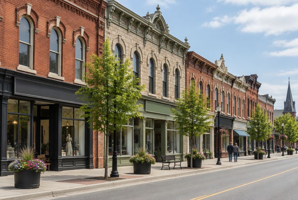 A row of old red-brick and stone shop buildings with tall arched windows along the main street of a small town, with trees and flower planters on the sidewalk.