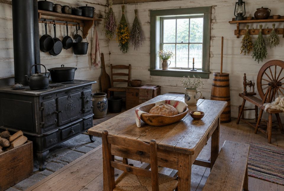 A reconstructed 1800s farmhouse kitchen with a black cast-iron wood stove, hanging pots, a wooden table with bread, a butter churn and a spinning wheel.