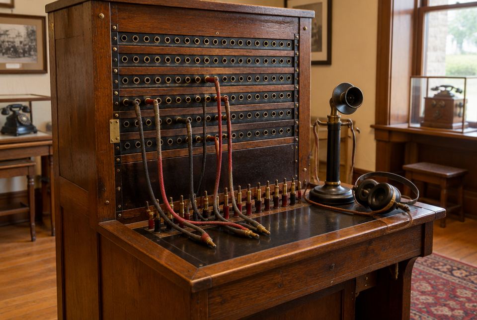 An antique wooden telephone switchboard with rows of jack holes, cords with plugs, a candlestick telephone and a headset, in a museum room.