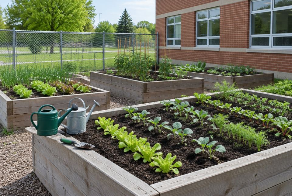 Wooden raised garden beds full of soil and young vegetable plants beside a brick school, with watering cans and a trowel.