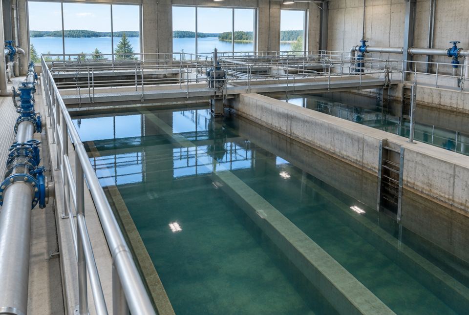 Long concrete settling tanks filled with water inside a water treatment plant, with metal walkways, pipes and a lake view through the windows.