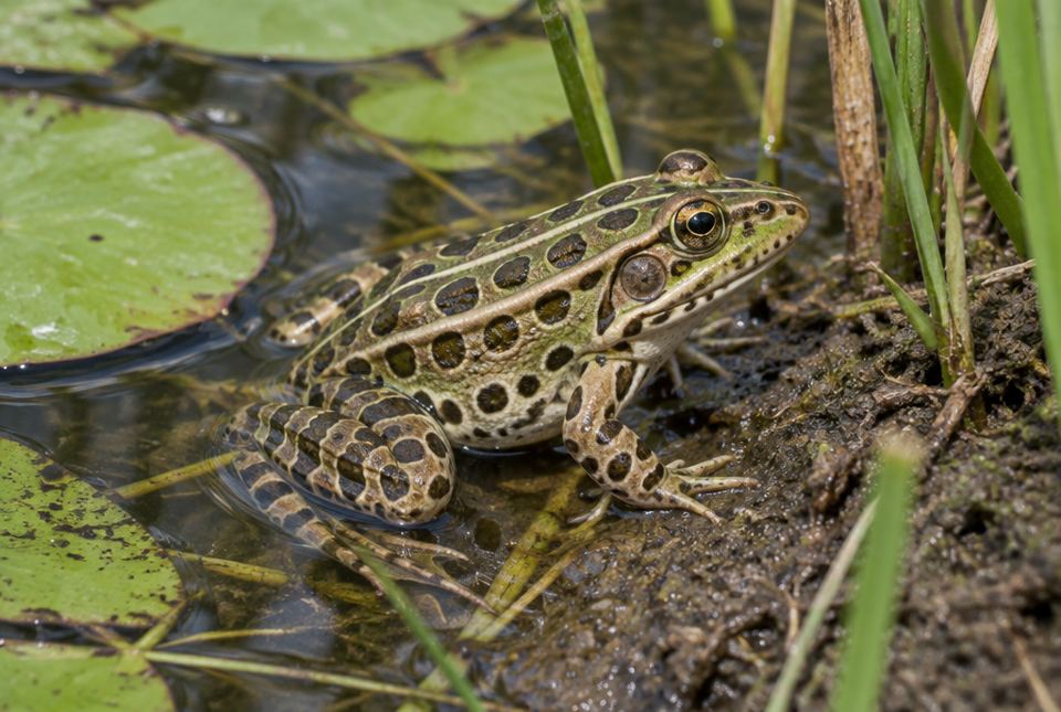 A spotted green-brown leopard frog resting half in shallow pond water and half on a muddy bank among lily pads and reeds.