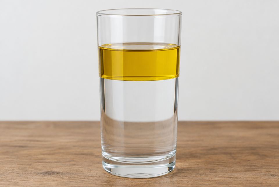 A clear glass on a wooden table with a layer of yellow oil floating on top of clear water.