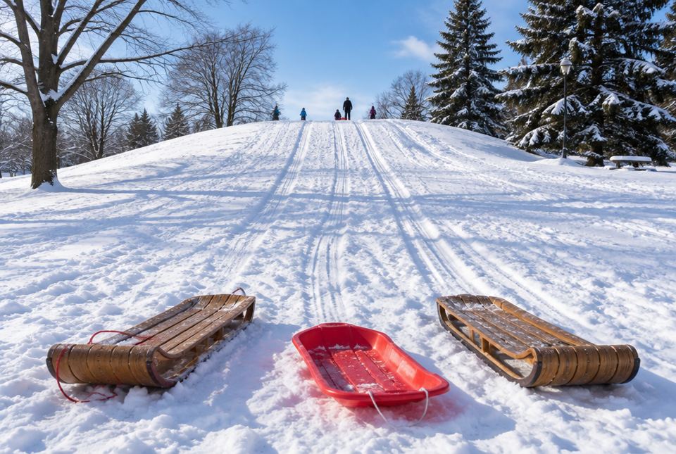 Two wooden toboggans and a red plastic sled resting at the bottom of a snowy hill with sled tracks, with small figures at the top.