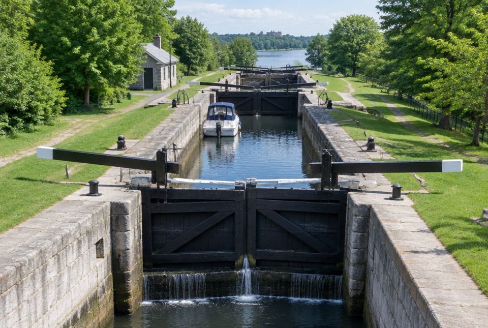 Stone canal locks with dark wooden gates and balance beams, a small boat waiting in a lock chamber, and green grass on both sides.