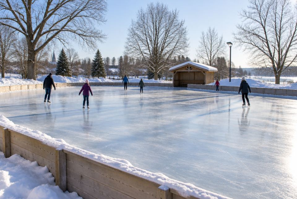 An outdoor skating rink with wooden boards in a snowy town park, with a few skaters and a small warming hut.