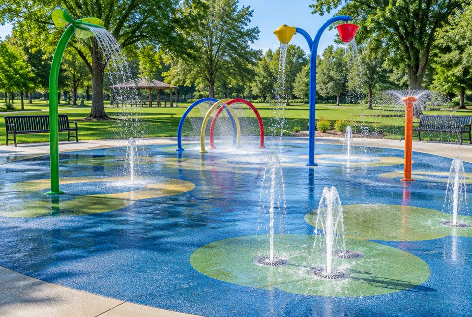 A colourful splash pad with water jets and spray arches in a green park on a sunny day.