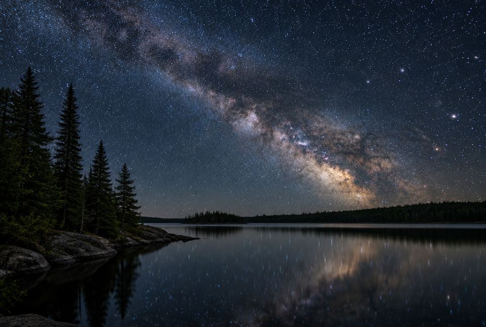 The Milky Way stretches across a starry night sky above a calm lake with pine trees on the shore.