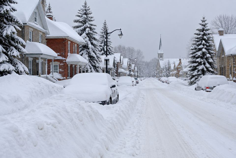 A small-town street after a heavy snowfall, with deep snowbanks and cars buried in snow.