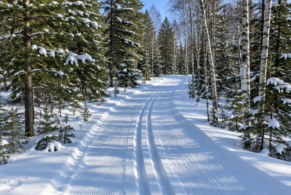 A groomed cross-country ski trail with two parallel tracks winding through a snowy forest of pines and birches.