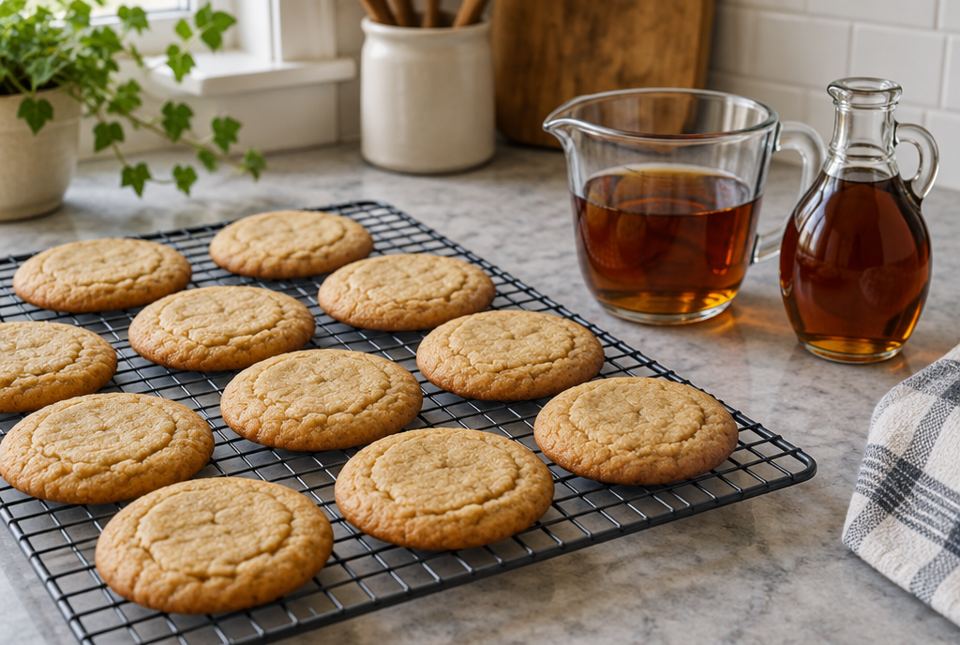 Round cookies cooling on a wire rack beside a glass measuring cup and a small jug of maple syrup.