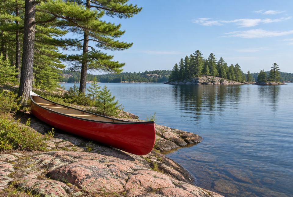 A red canoe resting on pink granite rocks beside a calm lake with pine-covered islands.