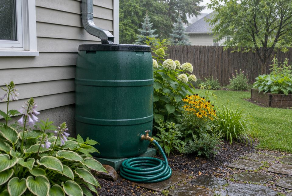 A green rain barrel beside a house collects water from a roof downspout, with a garden hose attached near the bottom.