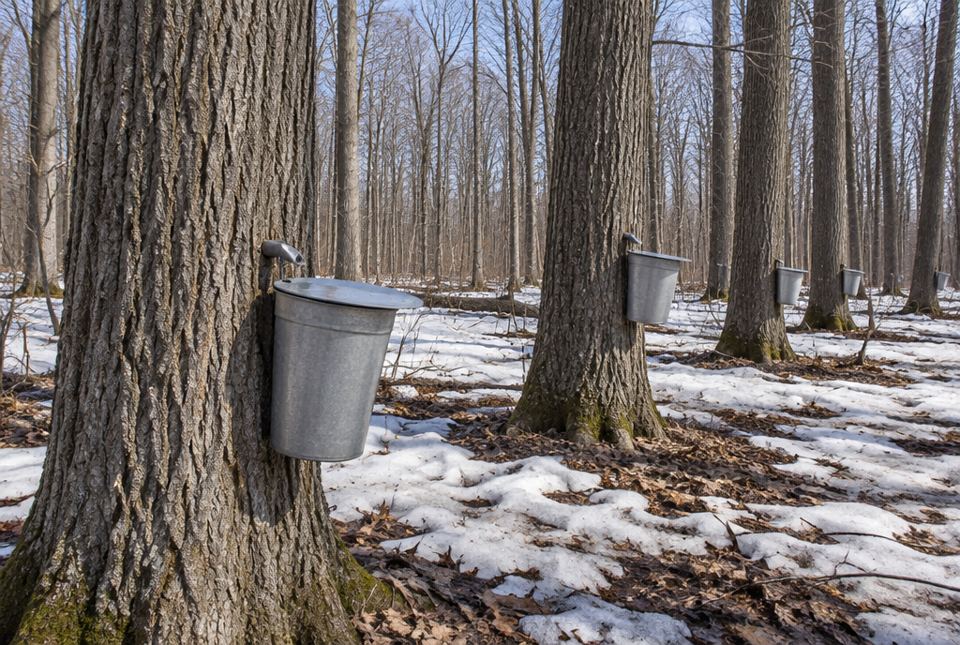 Sugar maple trees in a snowy spring forest each have a metal spout and a covered bucket hanging from the trunk to collect sap.
