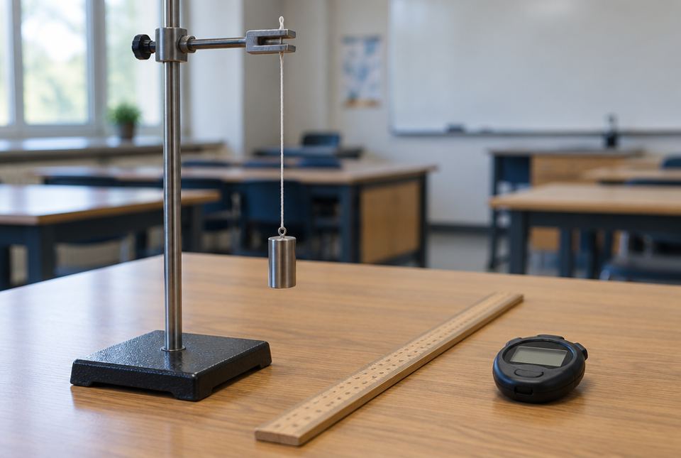 A metal weight hangs on a string from a lab stand, with a metre stick and a stopwatch on the table beside it.