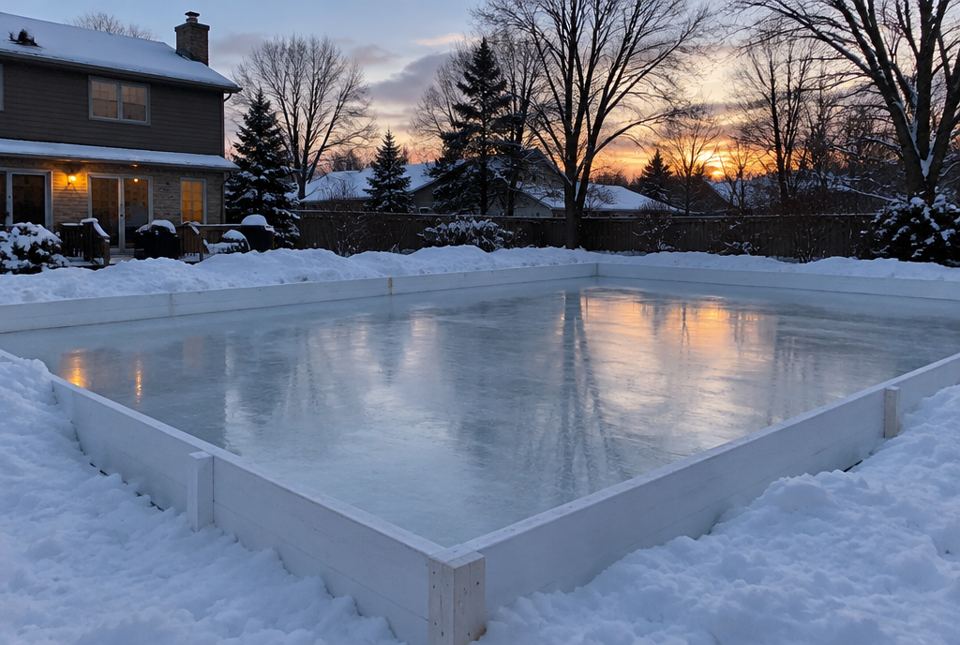 A rectangular backyard ice rink with white wooden boards, surrounded by snow at sunset.