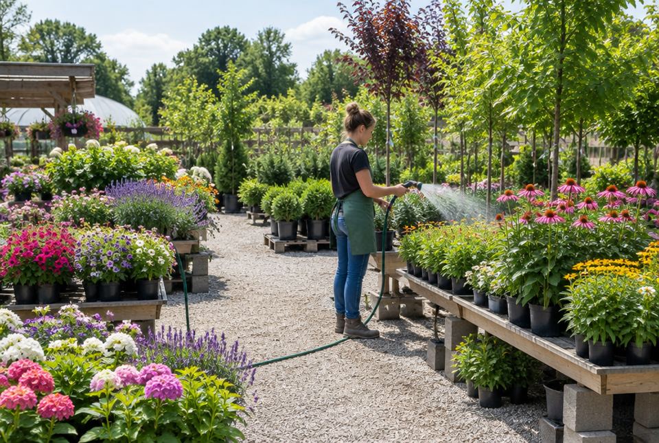 A garden centre worker in an apron waters rows of potted flowers and young trees on a summer day.