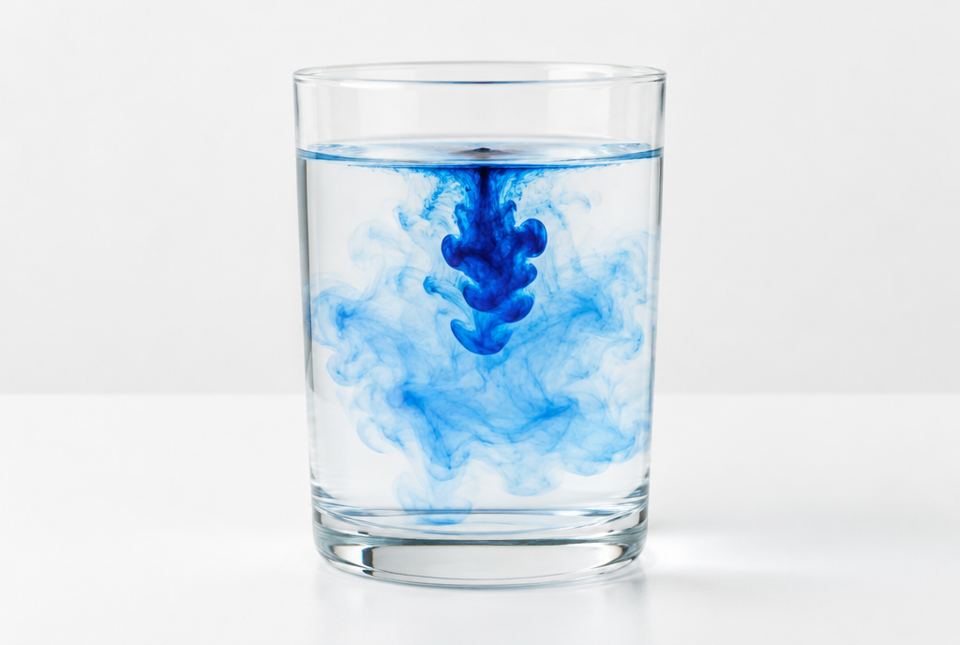 Blue food colouring spreading through a clear glass of water.