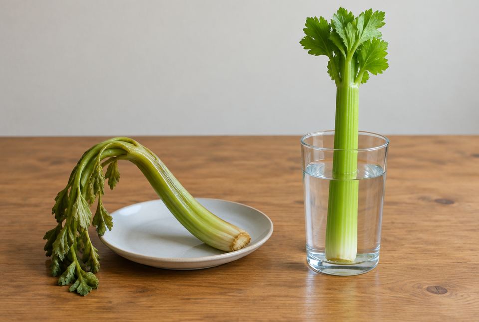 A drooping, wilted celery stalk on a plate next to a crisp, straight celery stalk standing in a glass of water.