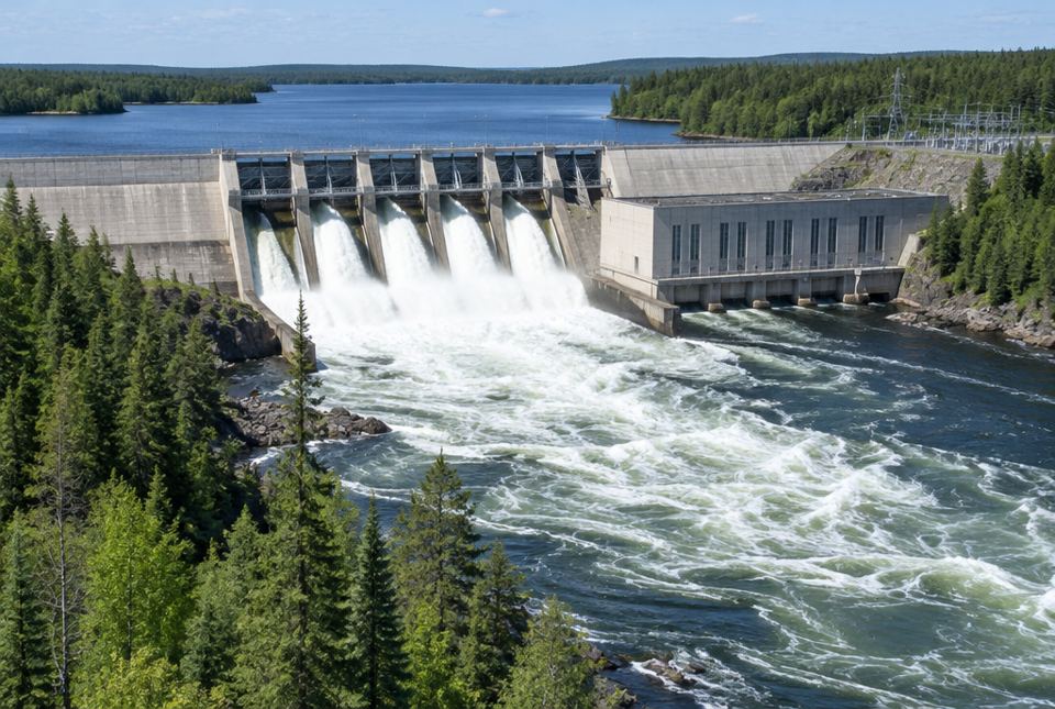 A concrete dam and generating station across a wide river, with white water rushing out below and forest on both banks.
