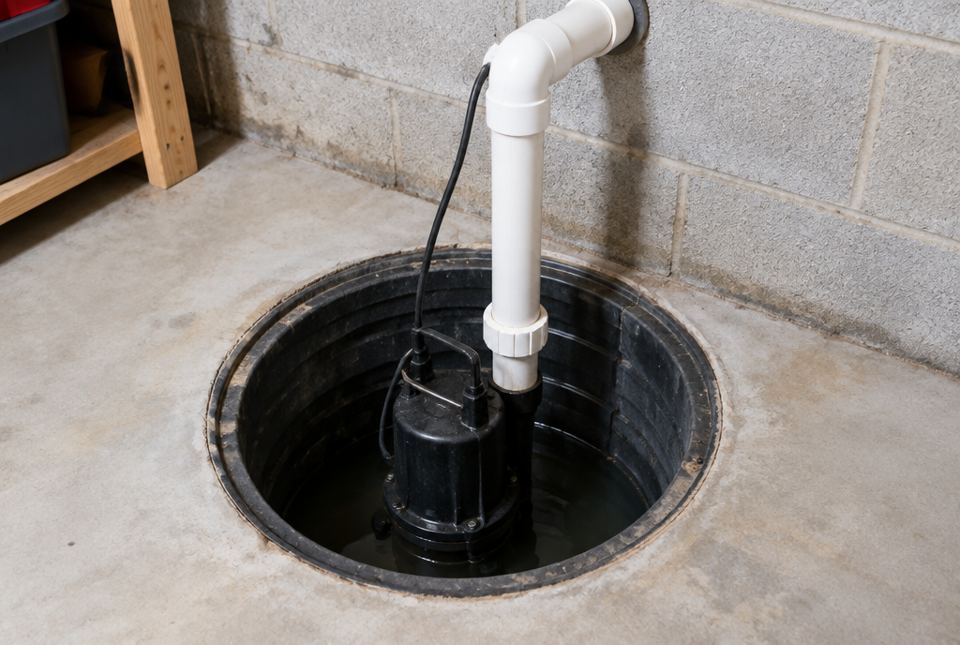 A black sump pump sitting in a round pit in a basement floor, with a white pipe running up to the wall.