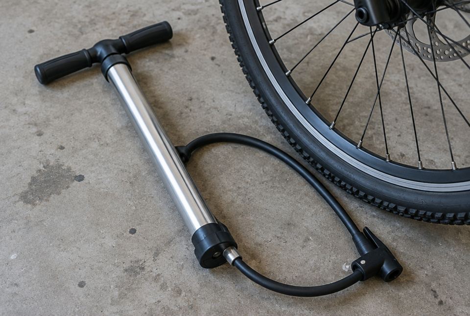 A metal hand bicycle pump with a T-shaped handle and black hose lying next to a bicycle wheel.