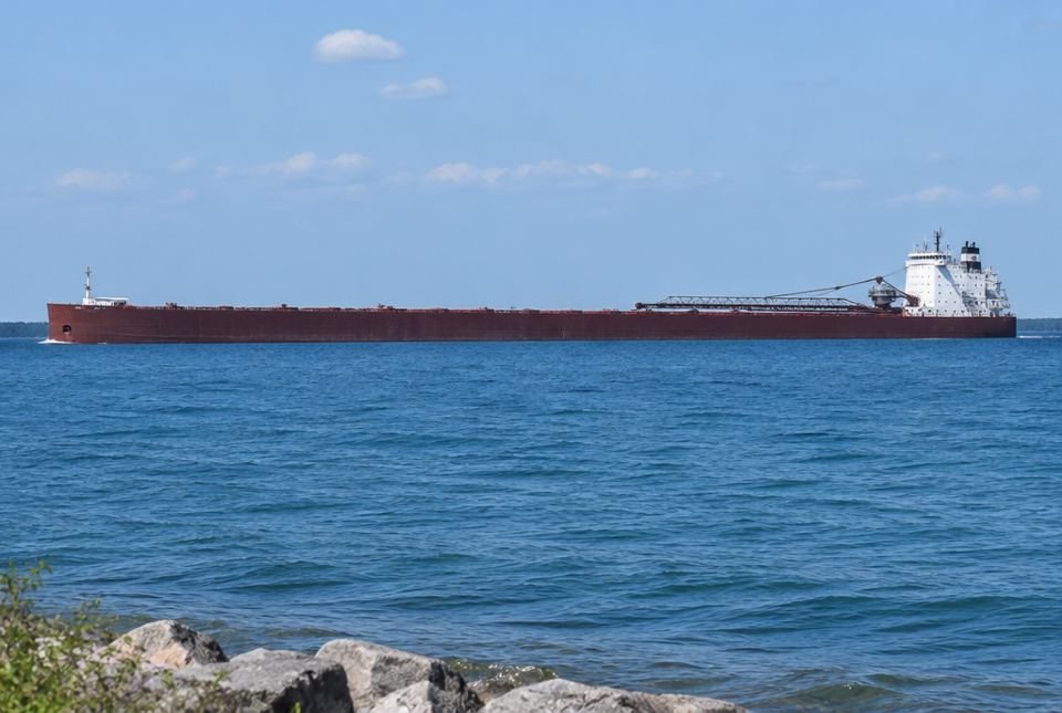A very long freighter ship with a dark red steel hull sailing on a blue lake.