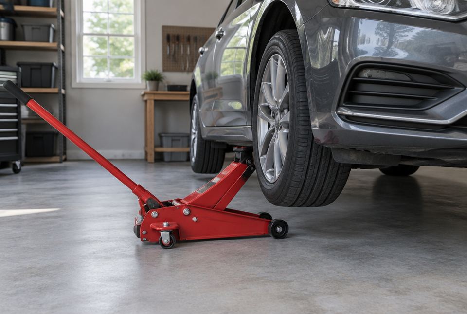 A red hydraulic floor jack lifting the front of a car in a garage so the wheel is off the floor.
