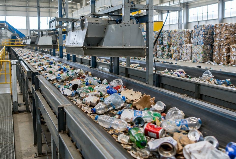 Conveyor belts carry mixed plastic bottles, cans and paper under sorting machines in a recycling facility.