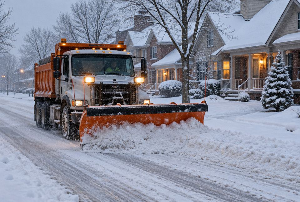 An orange snowplow truck pushes snow off a residential street on a snowy winter morning.