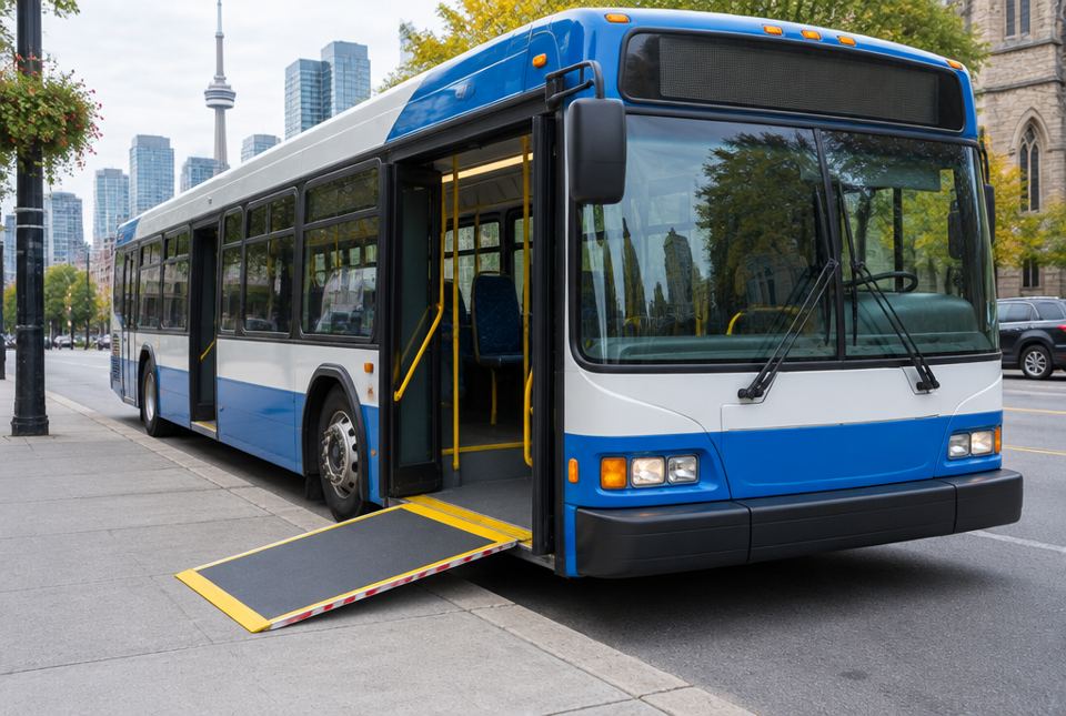 A city bus at a curb with its front door open and a wheelchair ramp extended to the sidewalk.